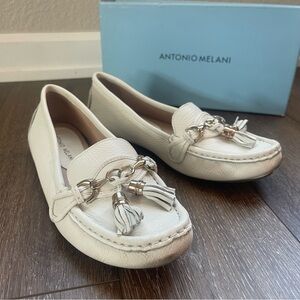 Antonio Melani White Leather Loafers Tassels